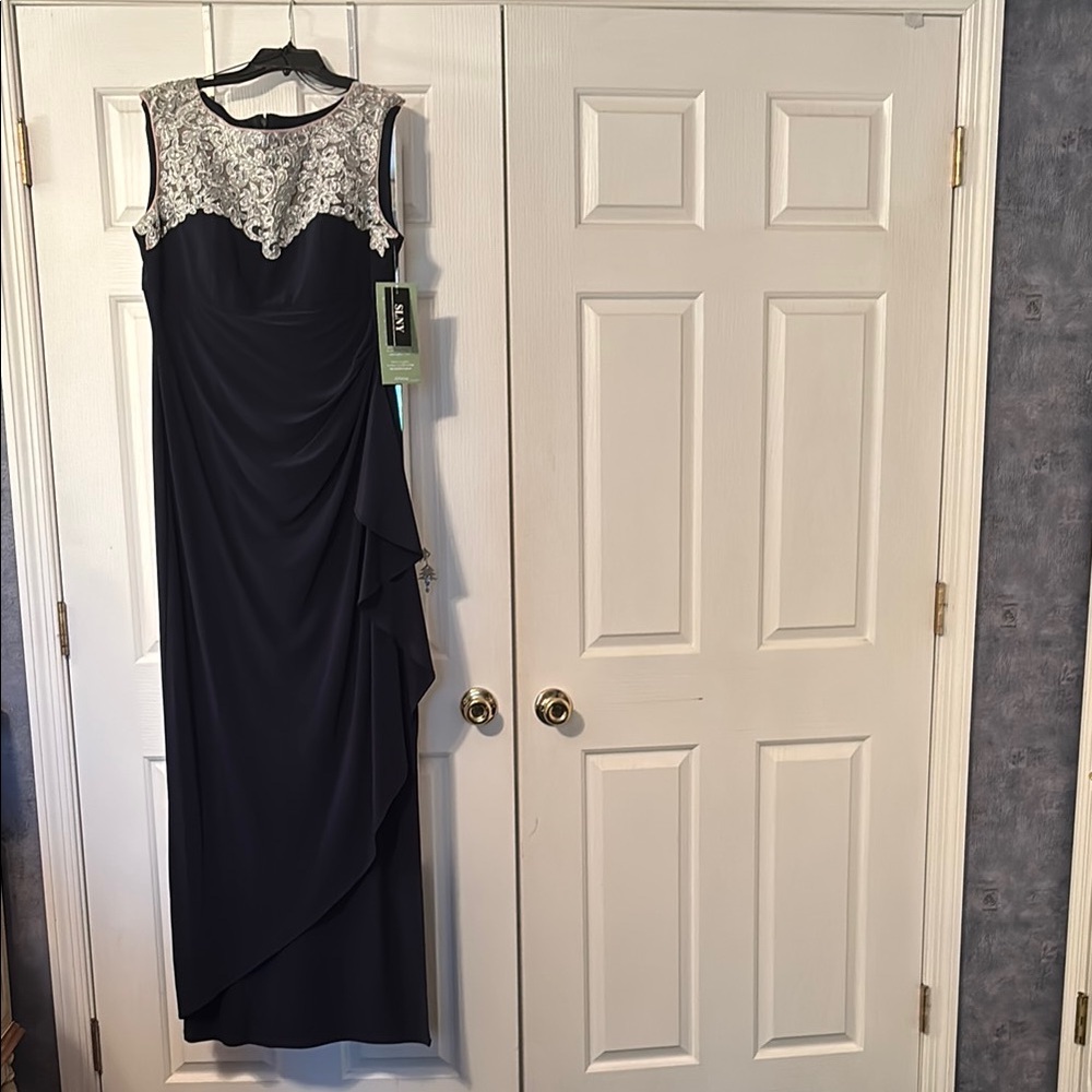 SLNY Blue Ruched Backless Gown for Wedding Guests